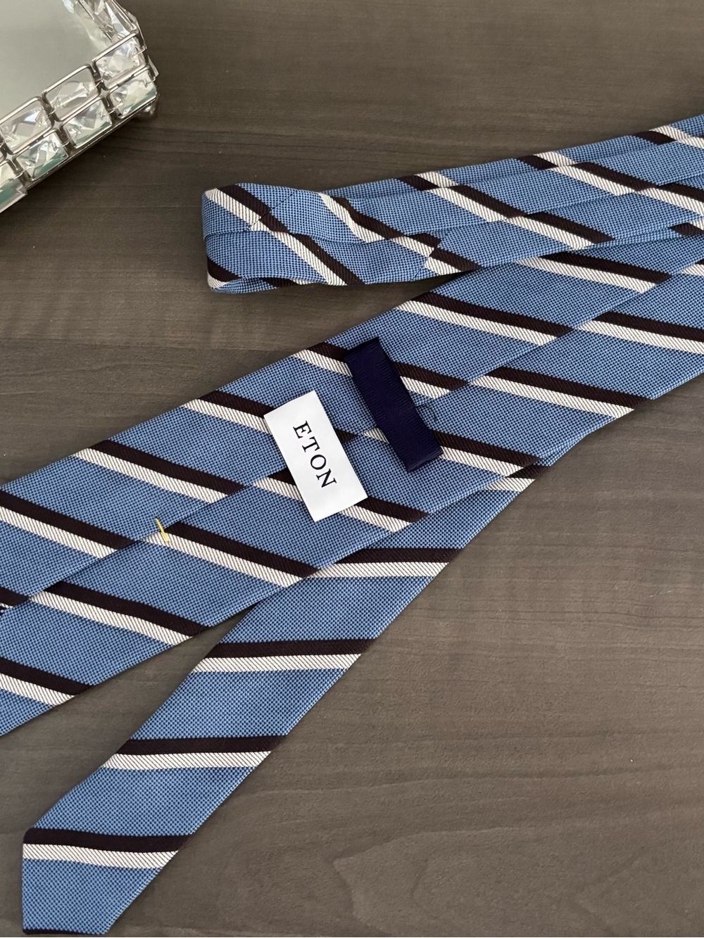 Eton Silk Tie Blue Brown Stripe Textured Classic Designer Mens Necktie - Picture 5 of 6